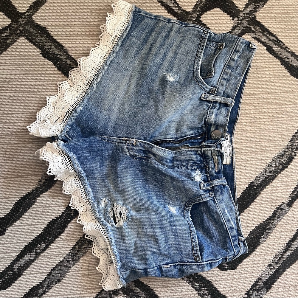 Free People Blue Jean Shorts with White Lace